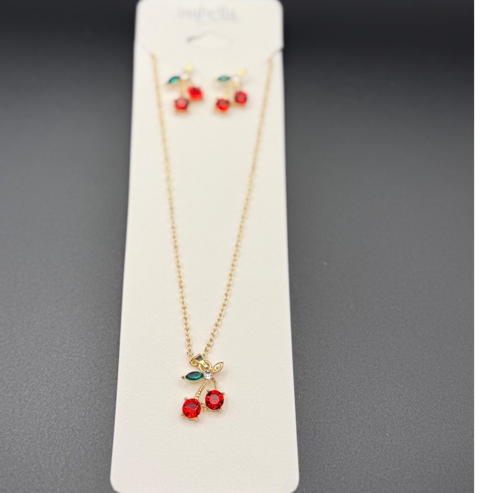 Gold Tone Cherry‎ Charm Necklace and Earrings Set Red Green Crystal